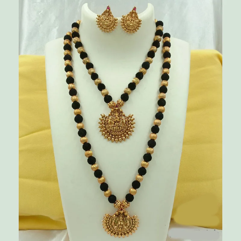 Long Gold Chain Necklaces-FS Collection Gold Plated Temple And Beads Double Necklace Set