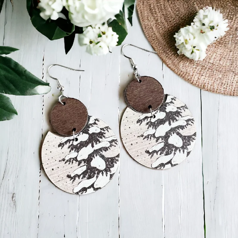 Pearl Stud Earrings-Wooden Snowy Trees Drop Earrings