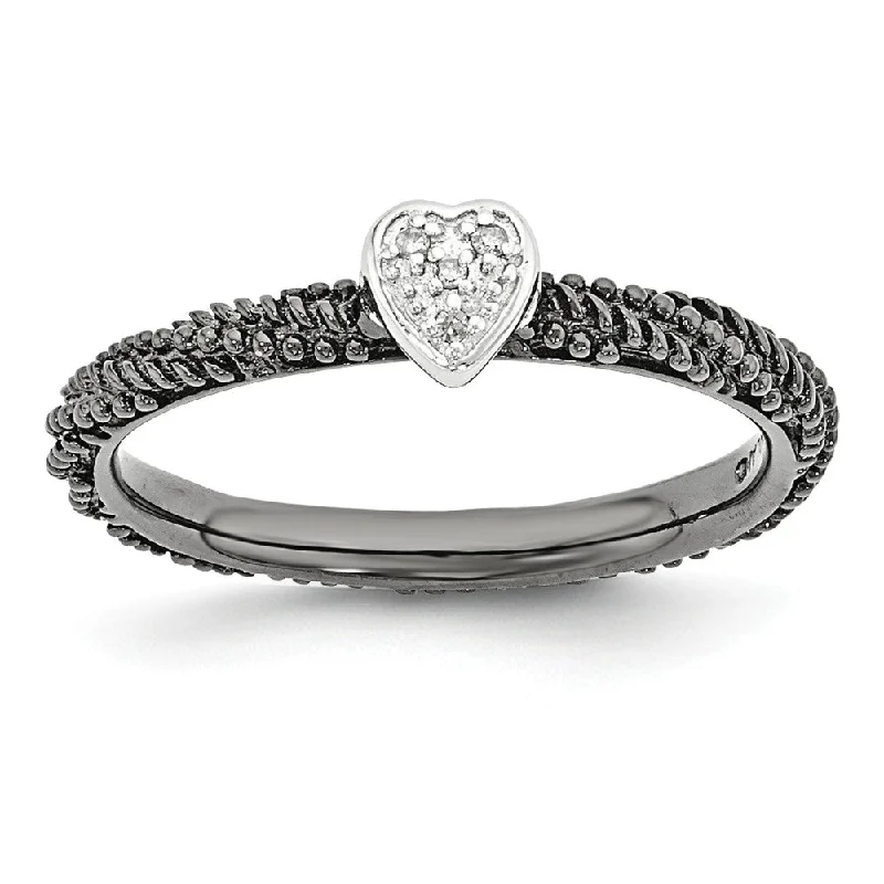 Fashionable Wedding Ring Sets-Black Plated Sterling Silver .02 Ctw Diamond 5mm Heart Stackable  Ring