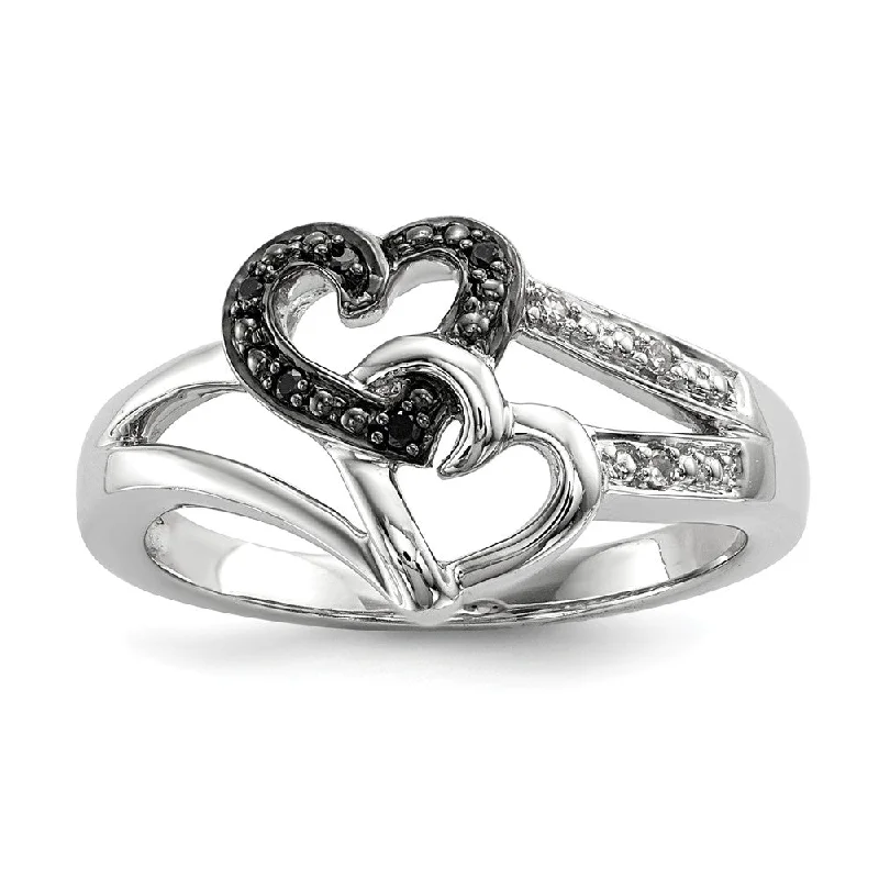 Customizable Rings for Women-Black & White Diamond Double Heart Tapered Ring in Sterling Silver