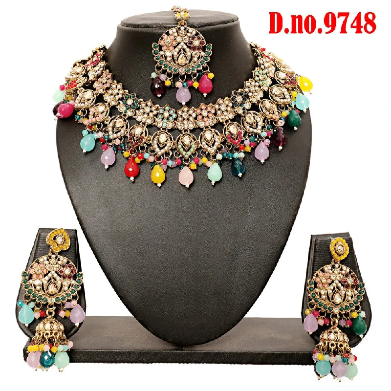 Elegant Silver Necklaces-Rudraksh Art Gold Plated Crystal Stone Pearls And Beads Necklace Set