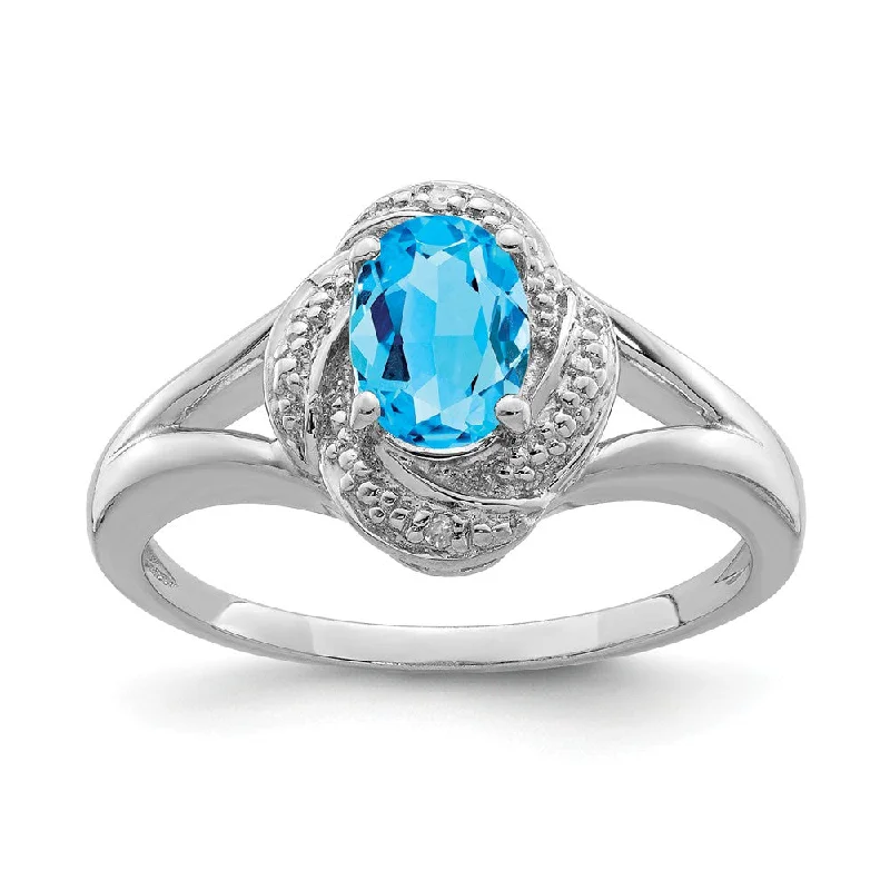 Unique Diamond Rings-Sterling Silver .01 Ctw (H-I, I2-I3) Diamond & Oval Blue Topaz Ring