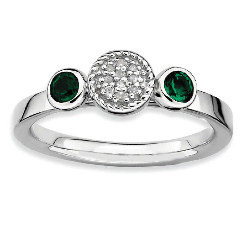 Matching Gold Wedding Rings-Sterling Silver Stackable Created Emerald & .05 Ctw HI/I3 Diamond Ring