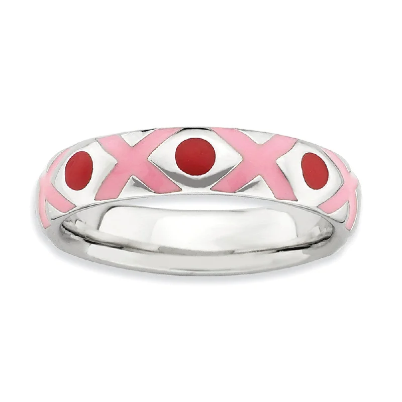 Unique Gemstone Engagement Rings-Sterling Silver, Pink and Red Enameled Hugs & Kisses Stackable Band