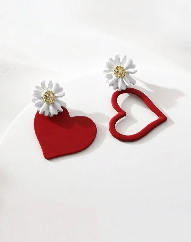 Elegant Drop Earrings-Red Heart and Daisy Earrings