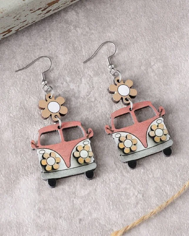 Stylish Drop Earrings-Vintage Pink and Orange Flower School Bus Earrings