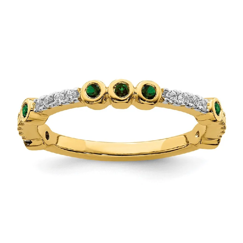 Elegant Wedding Bands-2mm 14k Yellow Gold Created Emerald & .08 Ctw Diamond Stackable Band