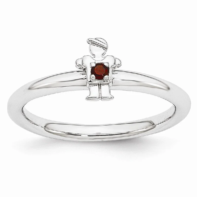 Classic Gold Rings-Rhodium Plated Sterling Silver Stackable Garnet 7mm Boy Ring