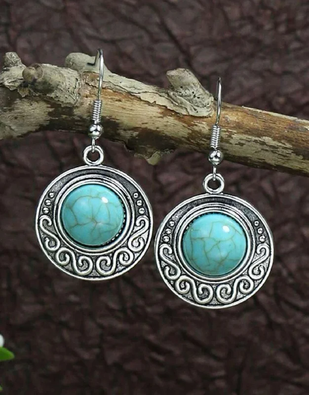 Silver Dangle Earrings-Round Silver with Turquoise Stone Drop Earrings