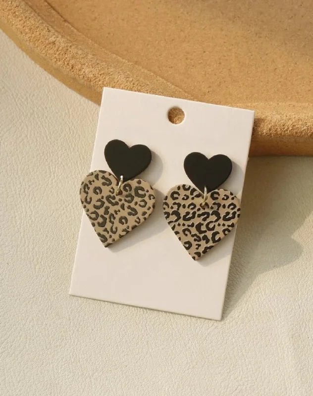 Large Dangle Earrings-Leopard Print Heart Stud Drop Earrings