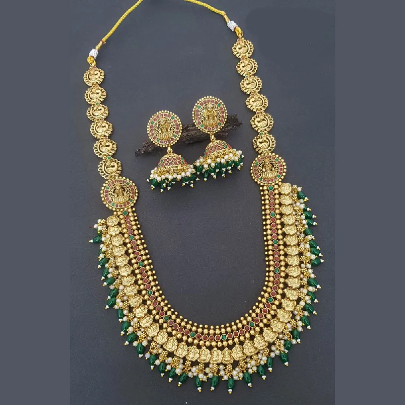 Unique Chain Necklaces-Sangita Creation  Copper Gold  Pota Stone Temple Long  Necklace Set