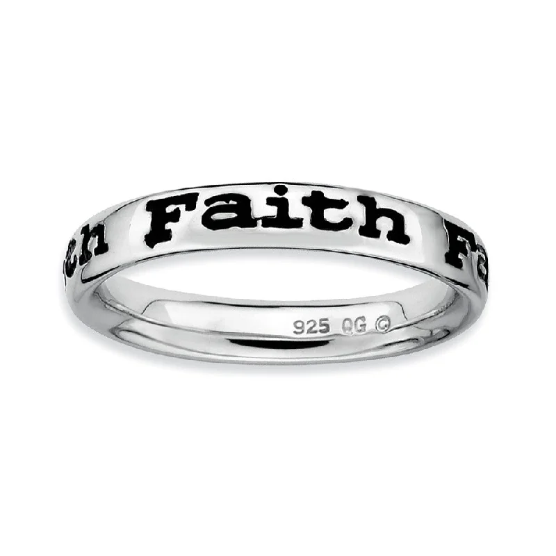 Engagement Ring with Sapphire-Sterling Silver and Black Enameled Stackable Faith Band