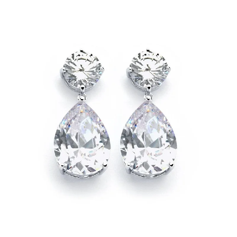 Trendy Drop Earrings-Silver 925 Rhodium Plated Round Teardrop Clear CZ Dangling Earrings - BGE00858CLR