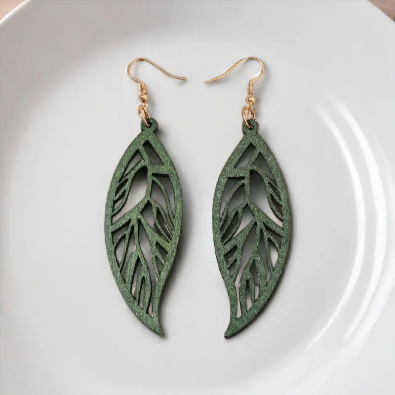 Designer Drop Earrings-Green Hollow Feather Shaped Earrings