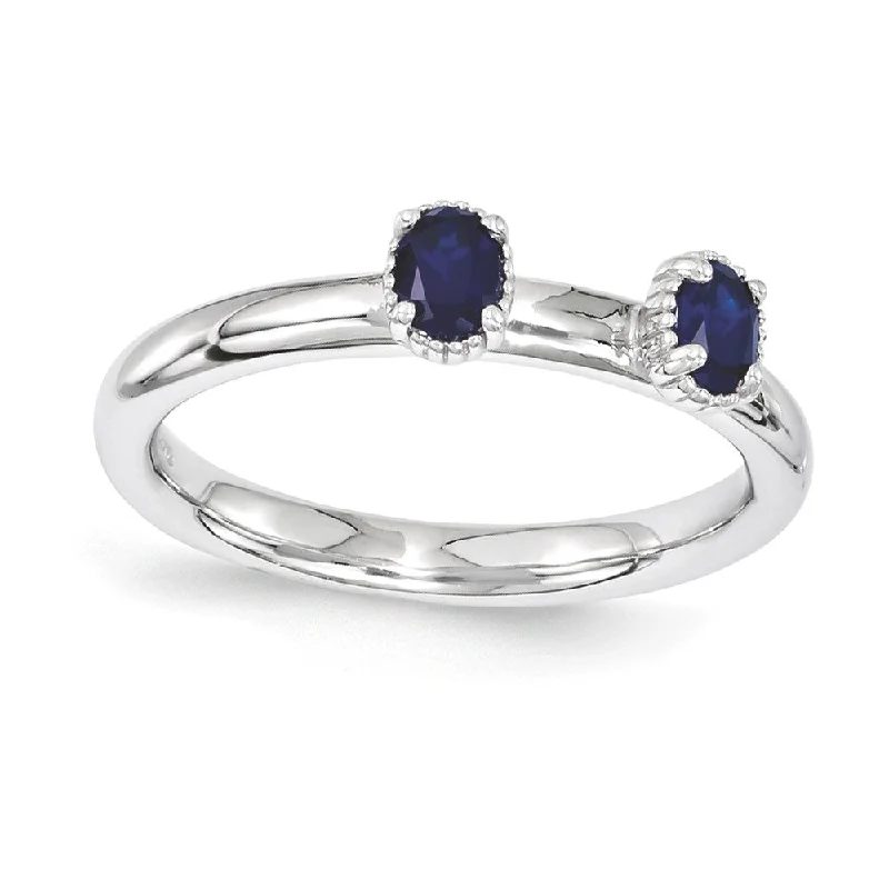 Vintage Style Rings-Sterling Silver Stackable Created Sapphire Oval Two Stone Ring