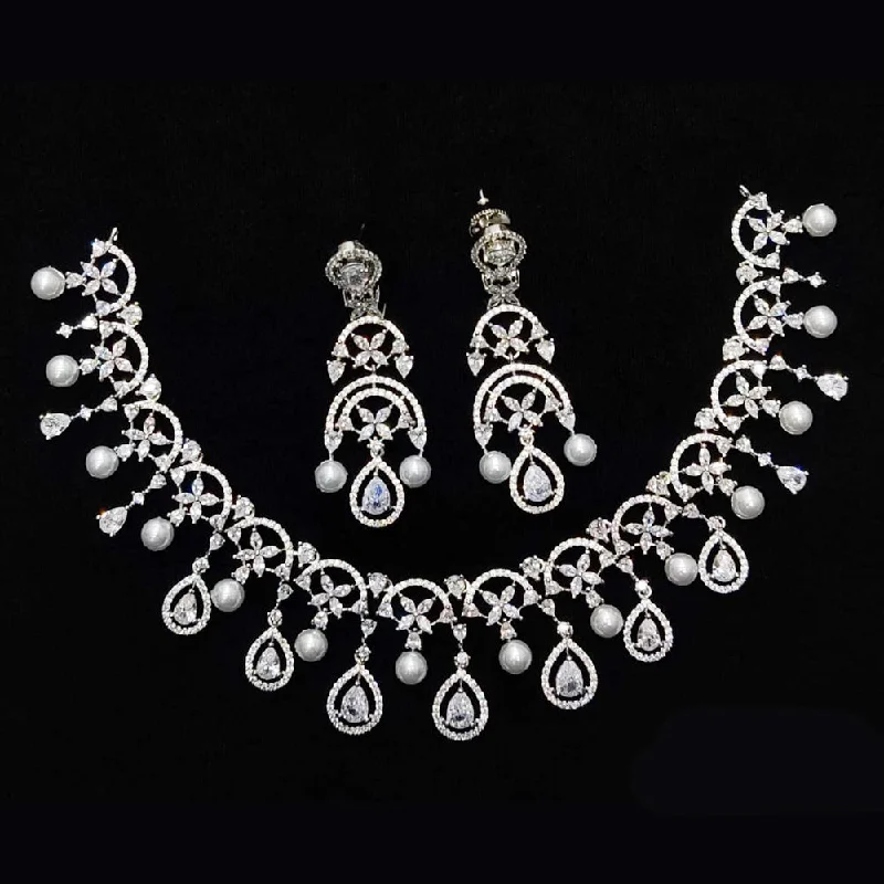 Fashionable Layered Necklaces-Kavita Art Silver Plated American Diamond And Pearls Necklace Set