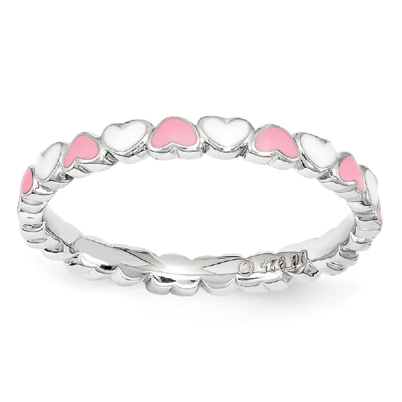 Trendy Engagement Rings-2.5mm Sterling Silver Stackable Pink & White Enamel Heart Band