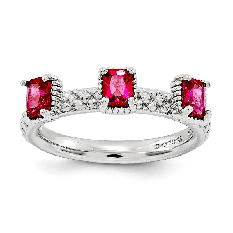 Elegant Wedding Ring Sets-Sterling Silver Stackable Created Ruby Octagon Three Stone Ring