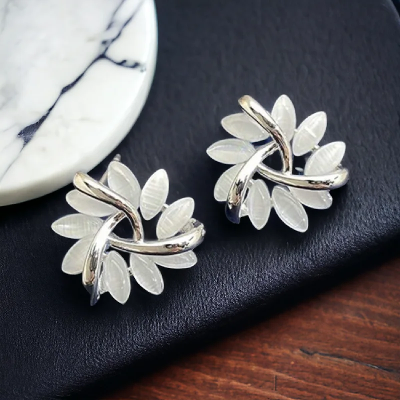 Long Drop Earrings-Beautiful White and Silver Flower Stud Earrings