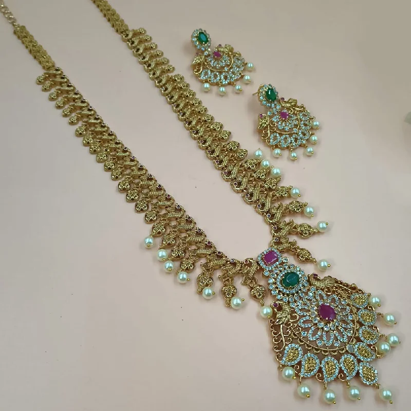 Fine Silver Necklaces-Padmawati Bangles Gold Plated AD Stone And Pearls Long Necklace Set