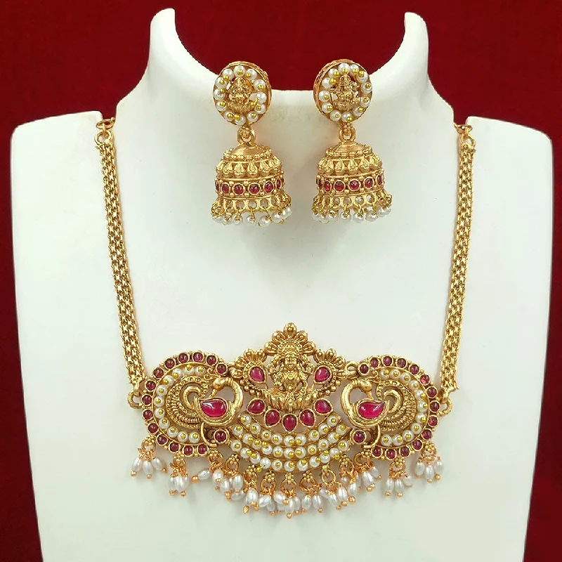 Luxury Diamond Necklaces-Joyful Jewel Art Matte Gold Plated Kundan Stone And Temple Choker Necklace Set