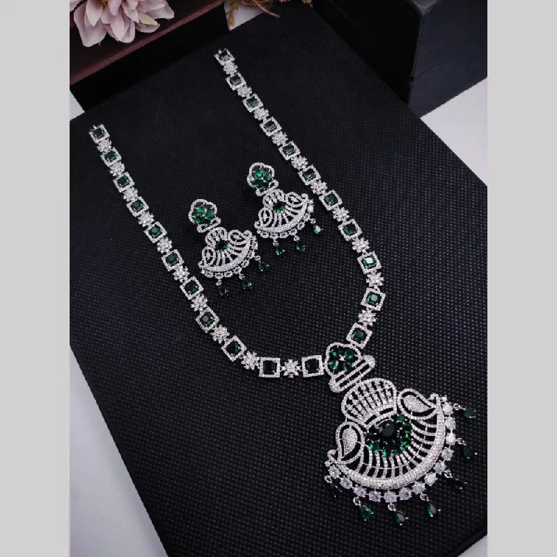 Elegant Pearl Pendant Necklaces-Aamrapali Silver Plated American Diamond Long Necklace Set