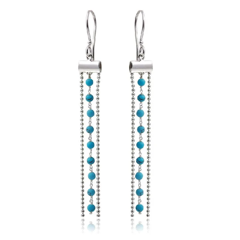 Classic Drop Earrings-Rhodium Plated 925 Sterling Silver Dangling Tassel Earrings with Turquoise Beads - DIE00005RH-TQ