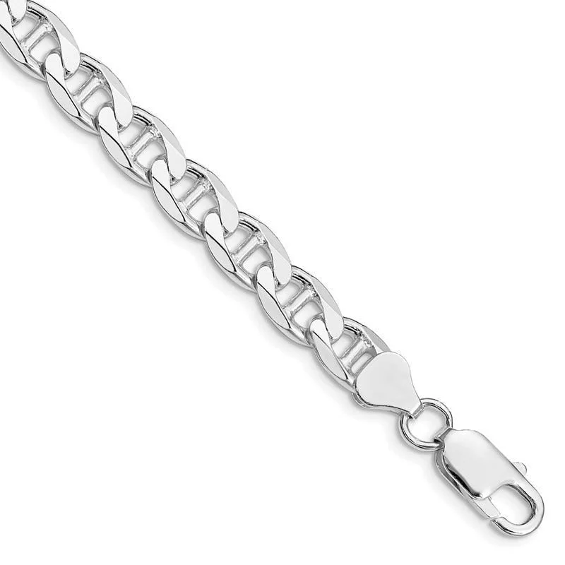 Custom Gemstone Link Bracelets-Sterling Silver Rhodium-plated 7.4mm Flat Cuban Anchor Chain Bracelet