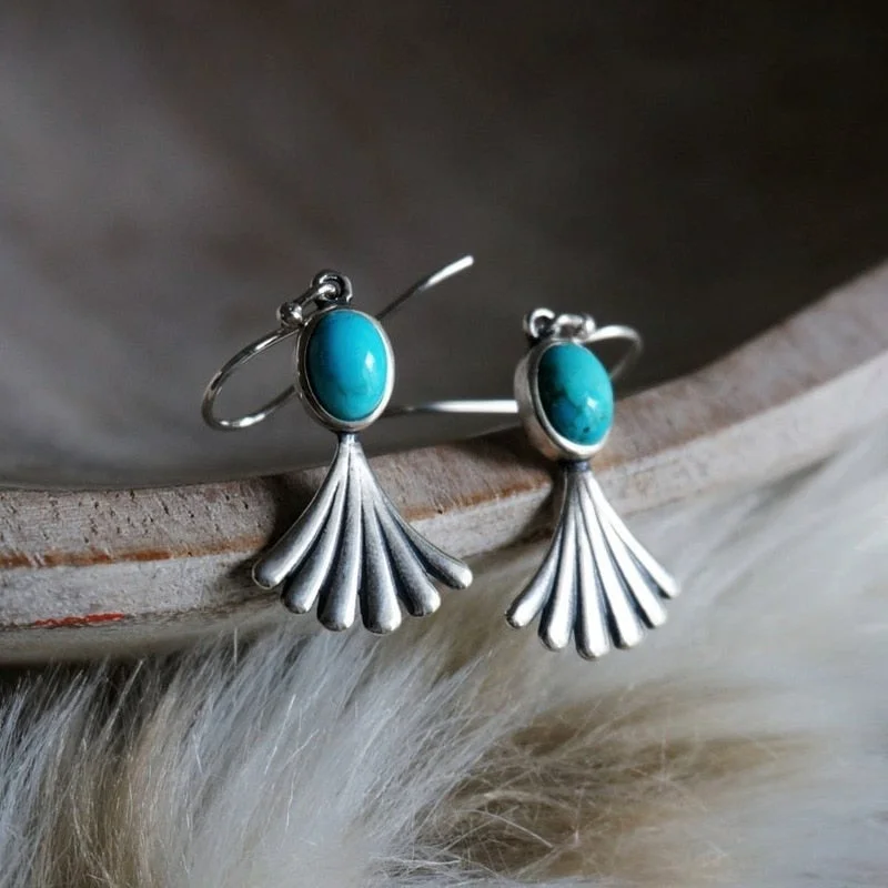 Handmade Earrings-Unique Bohemian Silver and Turquoise Oval Bead Dangle Earrings