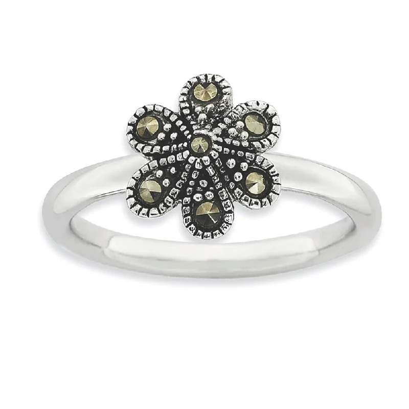 Beautiful Solitaire Rings-2.25mm Sterling Silver Stackable Marcasite Flower Ring