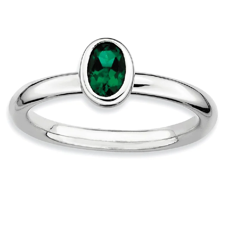 Adjustable Wedding Rings-Silver Stackable Oval Created Emerald Solitaire Ring