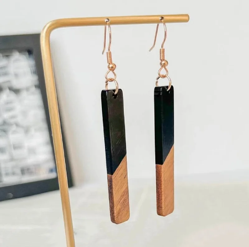 Personalized Earrings-Beautiful Black Resin and Wooden Bar Earrings