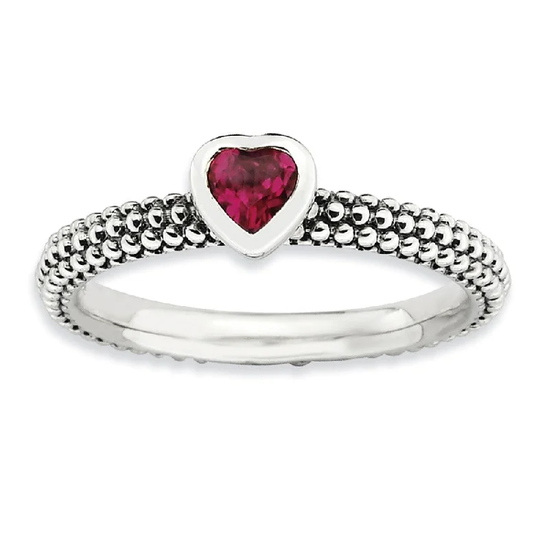 Simple Gemstone Wedding Rings-Sterling Silver Stackable 1/3 Carat Created Ruby Heart Ring