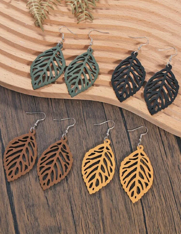 Simple Gold Hoop Earrings-4 Pairs of Hollow Leaf-Shaped Wooden Earrings