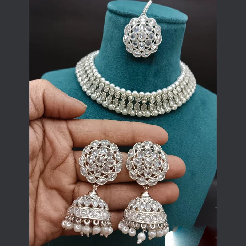 Classic Gold Choker Necklaces-Hira Collections Silver Plated Crystal Stone And Pearls Choker Necklace Set