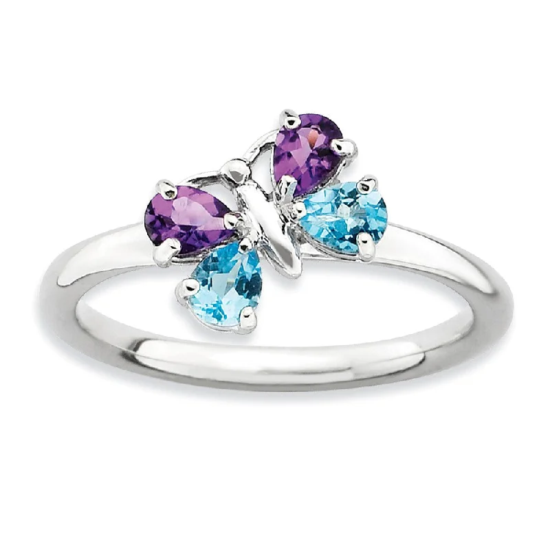 Custom Gemstone Wedding Bands-Sterling Silver, Amethyst & Blue Topaz Butterfly Stackable Ring