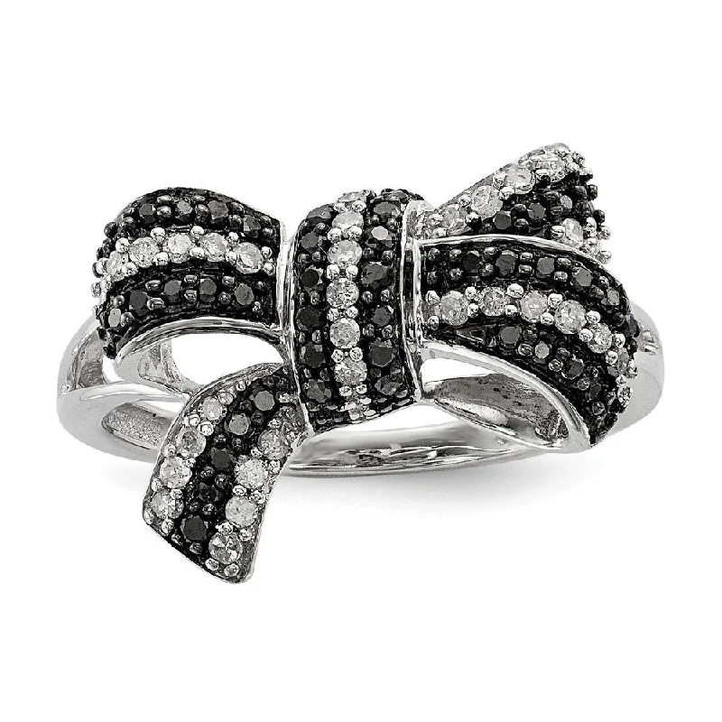 Elegant Silver Wedding Bands-1/3 Ctw Black & White Diamond Bow Ring in Sterling Silver