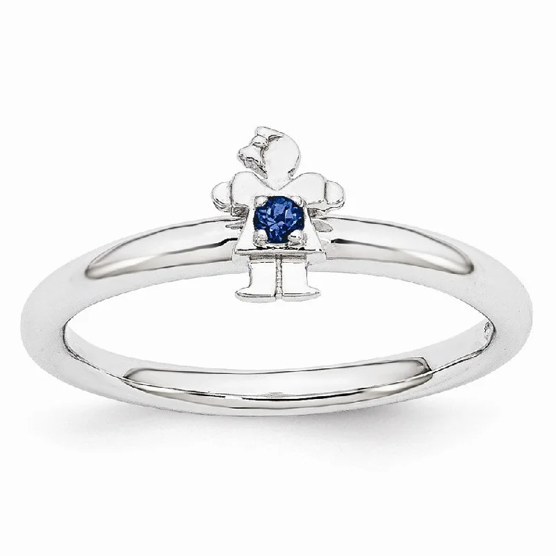 Statement Gemstone Rings-Rhodium Plate Sterling Silver Stackable Created Sapphire 7mm Girl Ring