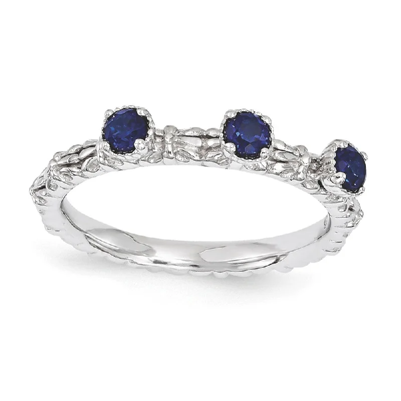 Custom Gemstone Wedding Bands-Sterling Silver Stackable Created Sapphire Round Three Stone Ring