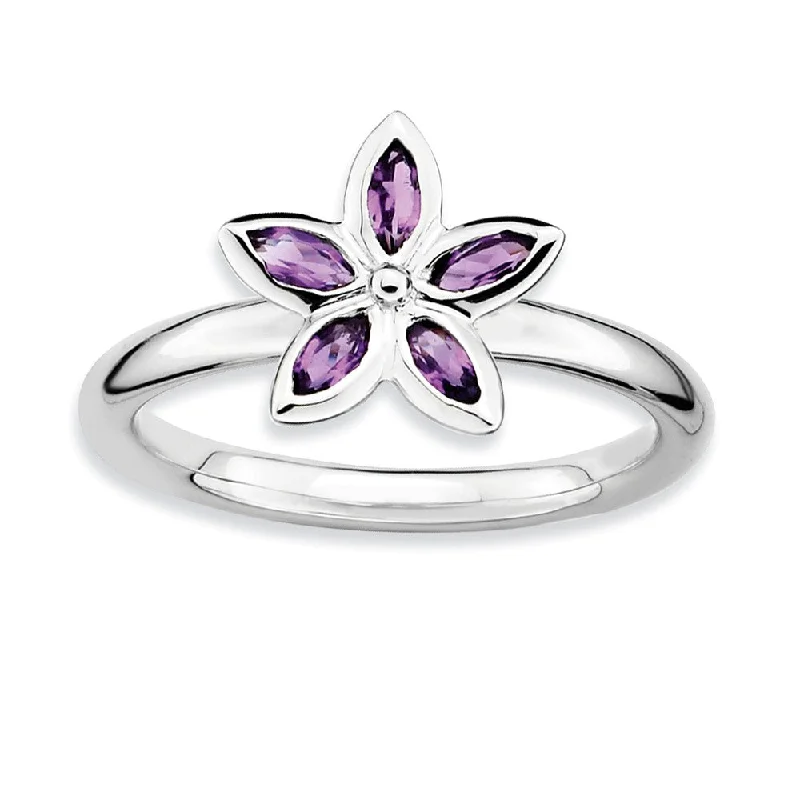 Bold Silver Rings-Sterling Silver & Amethyst Stackable 5 Marquise Stone Flower Ring