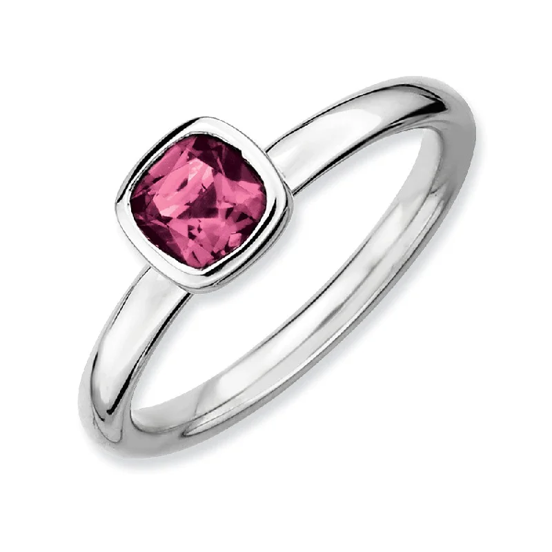 Colored Gemstone Rings-Silver Stackable Cushion Cut Pink Tourmaline Solitaire Ring