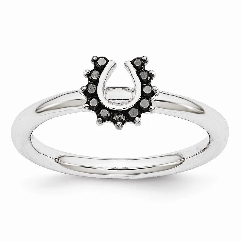 Custom Bridal Rings-Rhodium Sterling Silver .11 Ctw Black Diamond 7mm Horseshoe Stack Ring