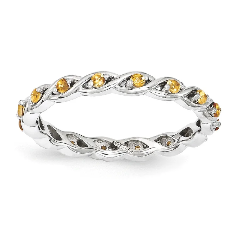 Unique Wedding Bands-2.5mm Rhodium Plated Sterling Silver Stackable Citrine Twist Band