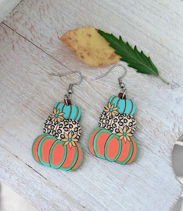 Simple Pearl Earrings-Multicolored Wooden Stacked Pumpkin Earrings