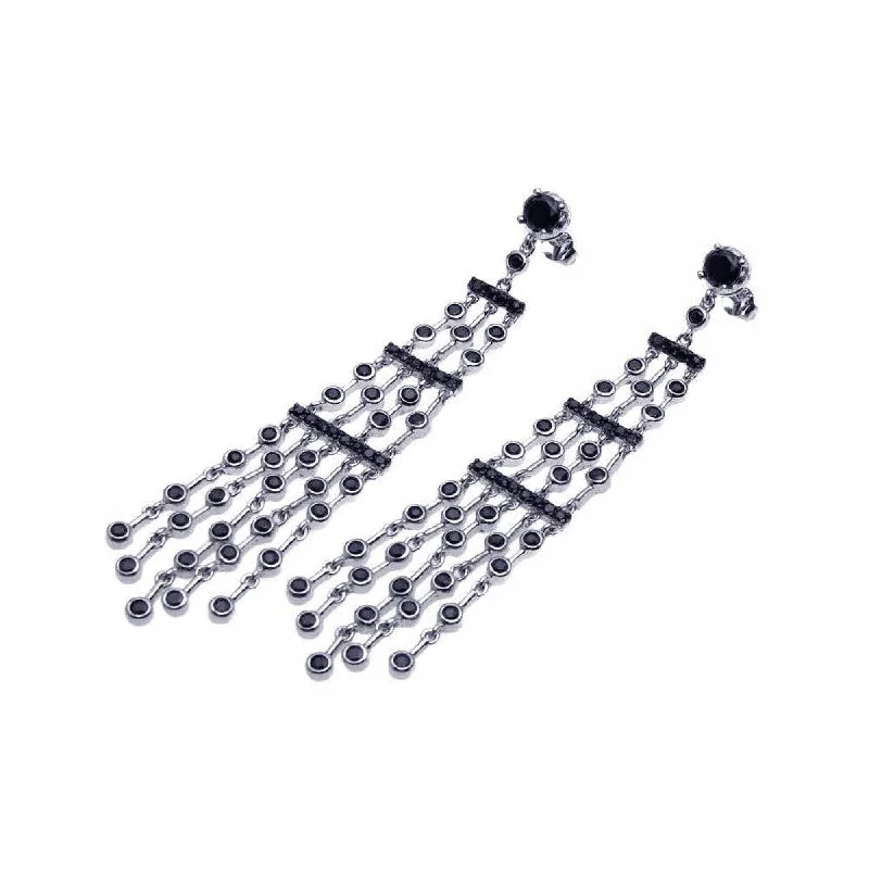 Silver and Gold Earrings-Clearance-Silver 925 Rhodium Plated Multiple Black CZ Chandelier Dangling Earrings - STE00549