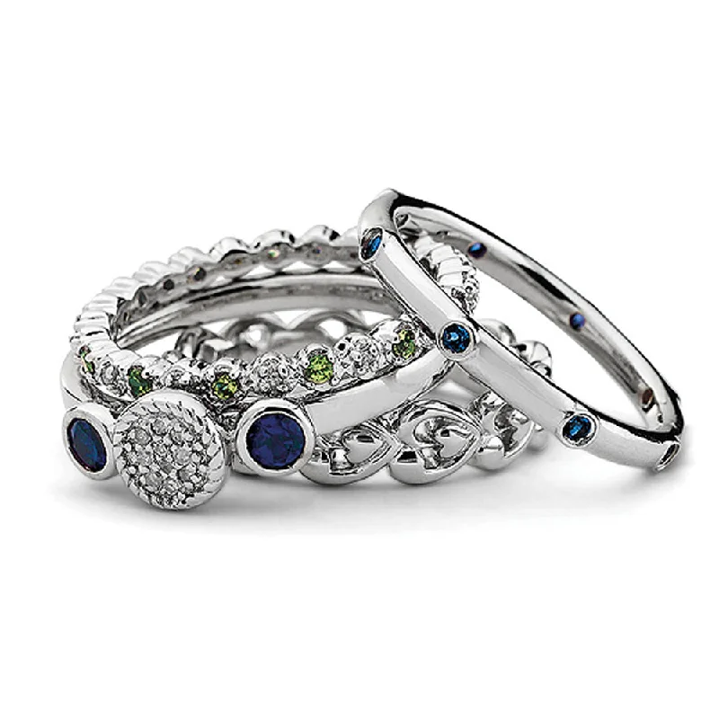 Fashionable Rings for Women-Sterling Silver Stackable Flirty Diamond & Multi Gemstone Ring Set