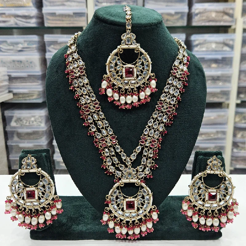 High-Quality Gold Necklaces-JCM Gold Plated Crystal Stone Pearls And Beads Long Necklace Set