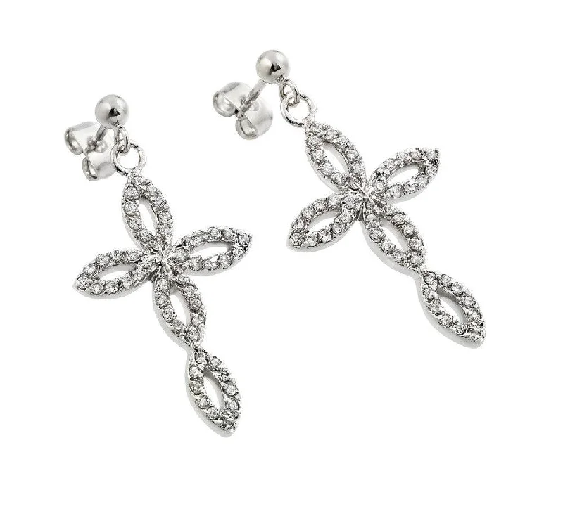 Artistic Drop Earrings-Silver 925 Rhodium Plated Open Marquis Cross CZ Dangling Earrings - BGE00291