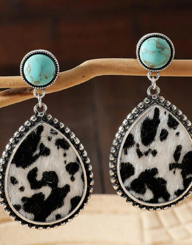 Unique Silver Earrings-Beautiful Cow Print Waterdrop Earrings with Turquoise Stone Accent