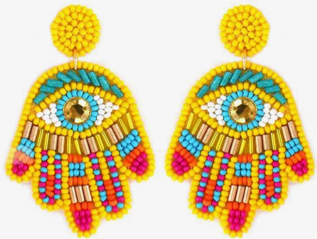 Crystal and Gemstone Earrings-Evil Eye Protection Seed Bead Hamsa Shape Earrings